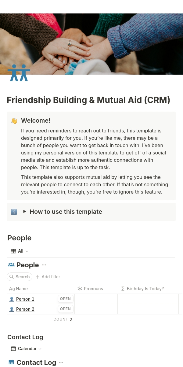 The mobile version of a Notion template for a Friendship Building and Mutual Aid Contact Relationship Manager.
