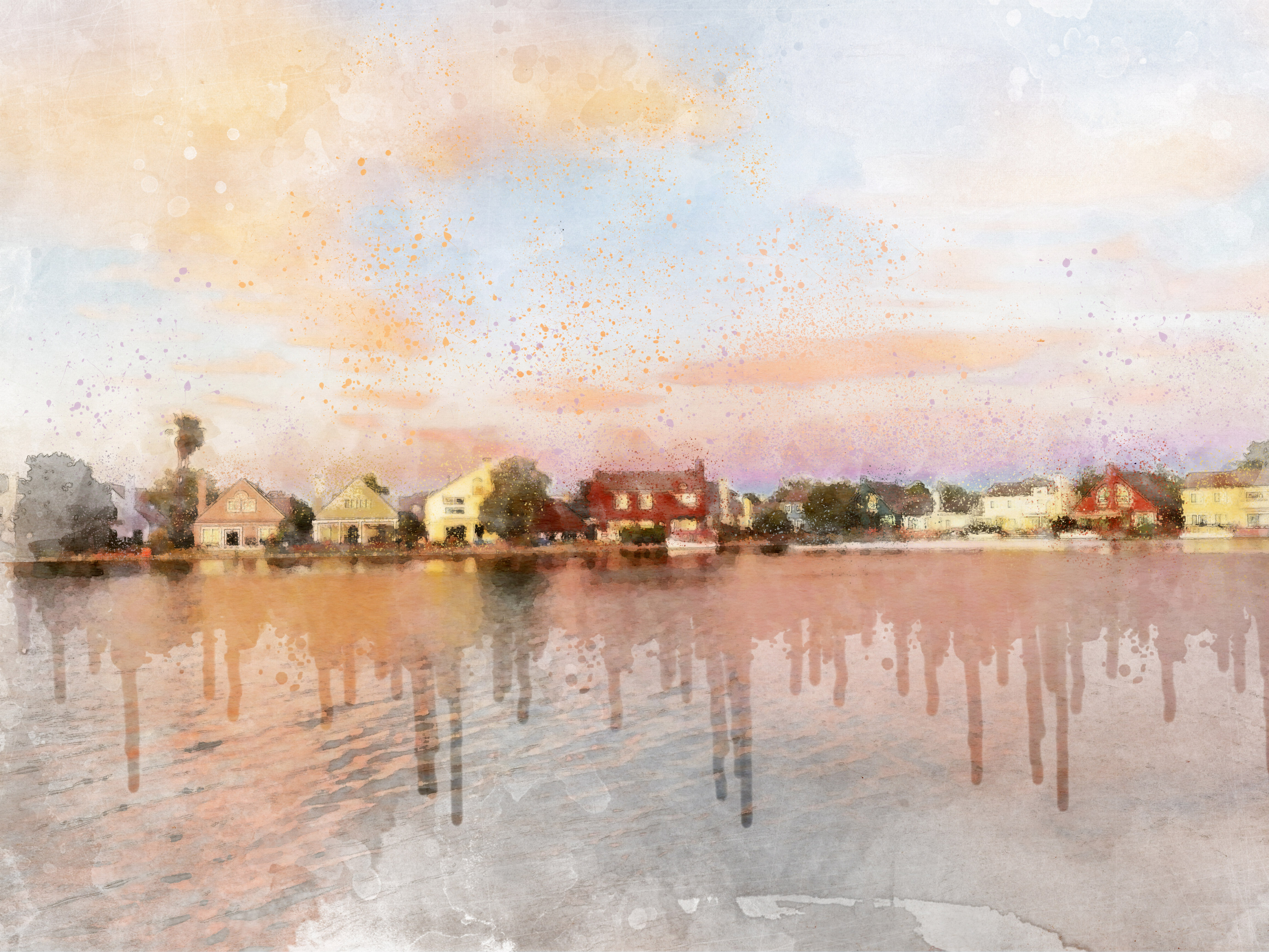 A row of houses, with a red one in the middle, on a waterfront at sunset. The image has a watercolor appearance, with lines of dripping paint in the water.