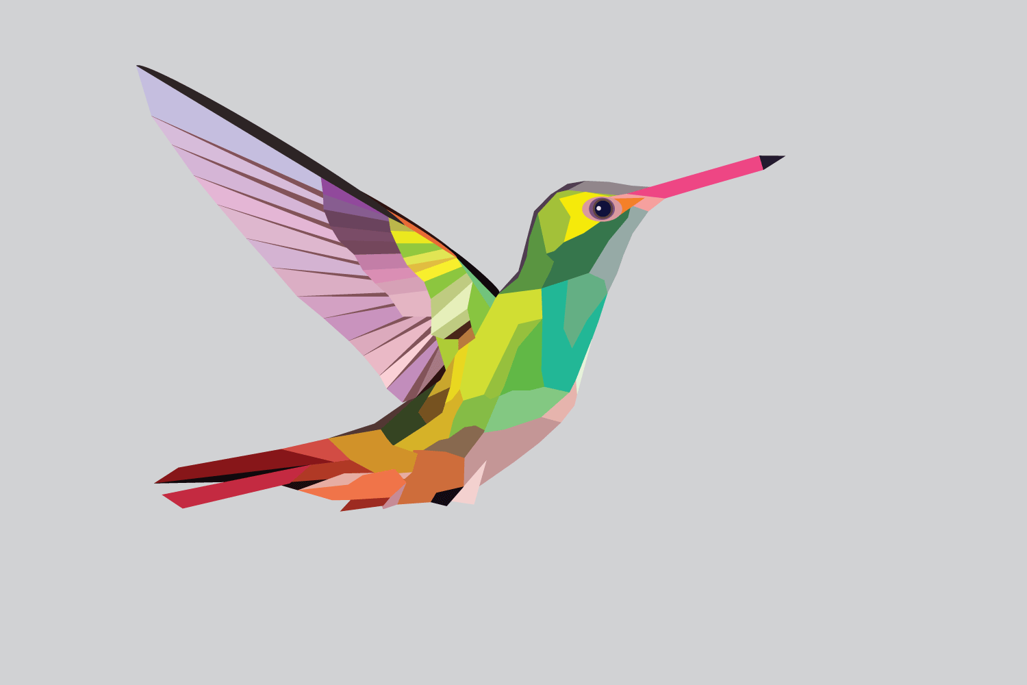 A hummingbird in midflight is rendered using geometric shapes. The wing is purple and has a pattern of triangles, while the body in green and the tail in red-orange are rendered using abnormal shapes with sharp angles. The hummingbird appears fragile.