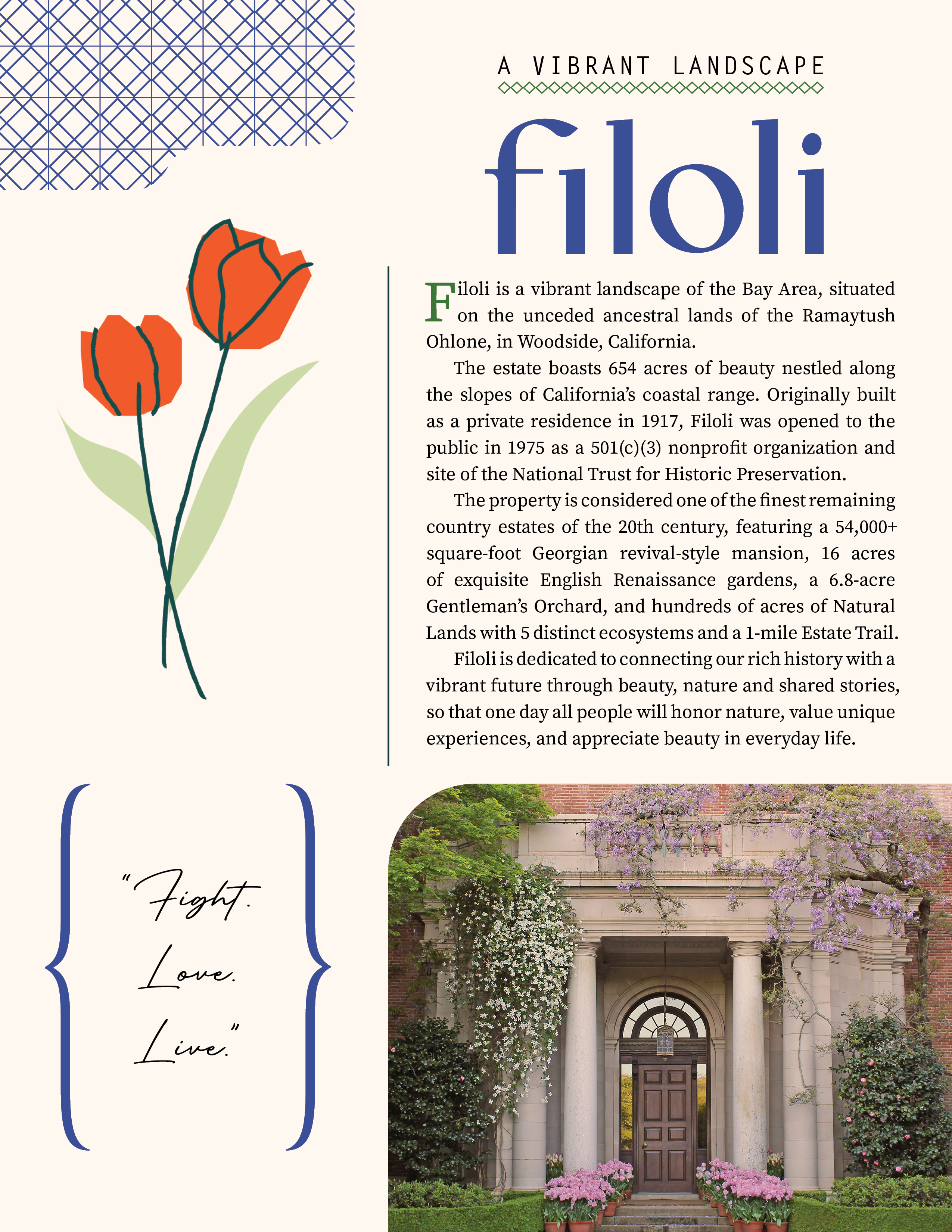 A flyer for Filoli with an artistic rendering of a flower, a photo of a doorway in one corner, and text describing Filoli.