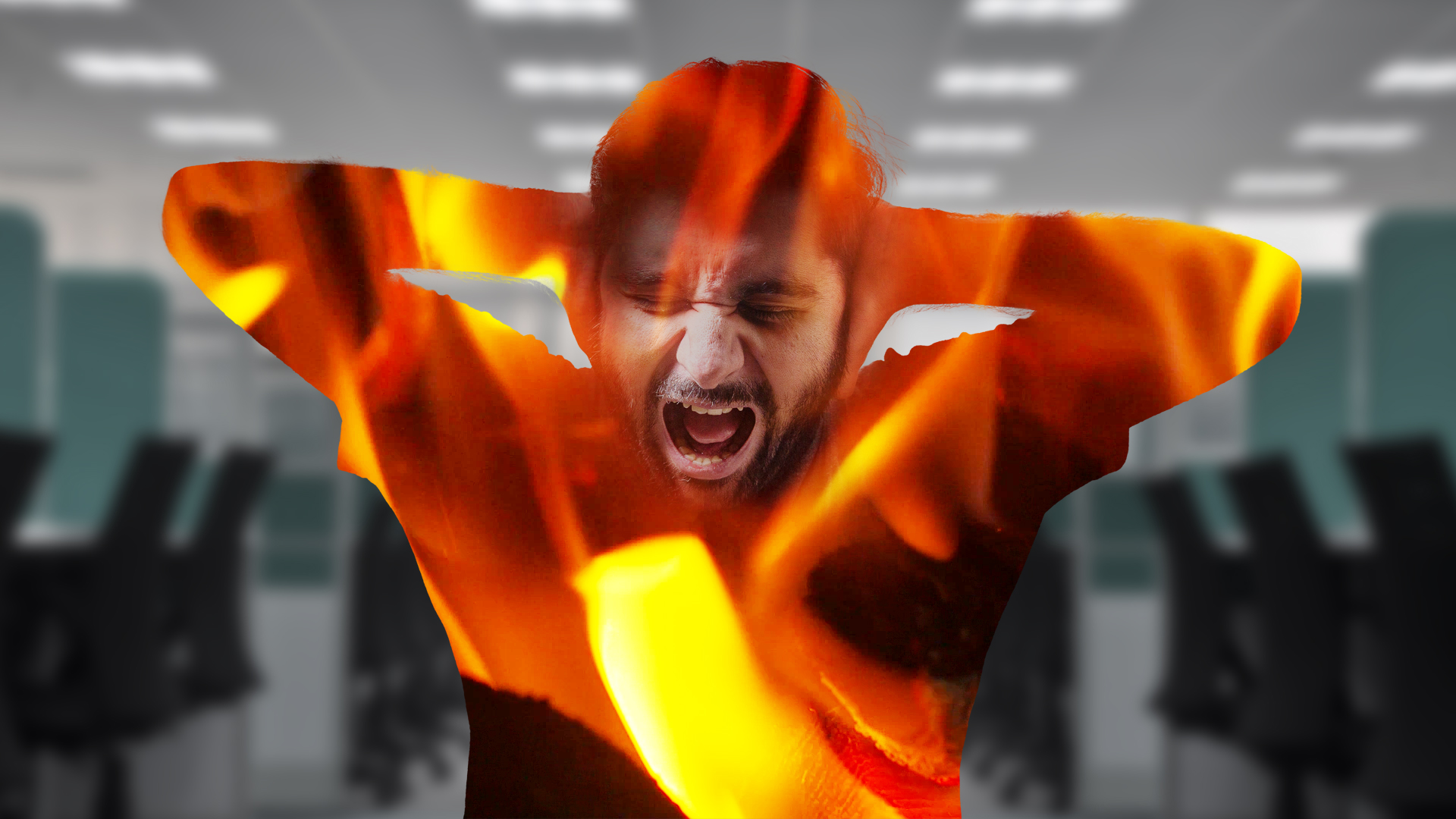 A background of an office, with a foreground of a man screaming while covering his ears. A double exposure effect is used so that much of the man is taken up by flames, as if he feels like he is on fire while having a meltdown.