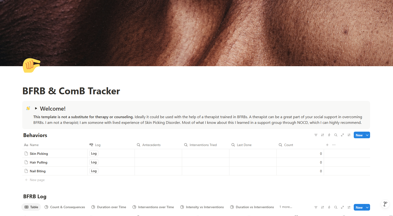 The desktop version of a Notion template for tracking Body-Focused Repetitive Behaviors, with accompanying graphics geared toward skin picking.