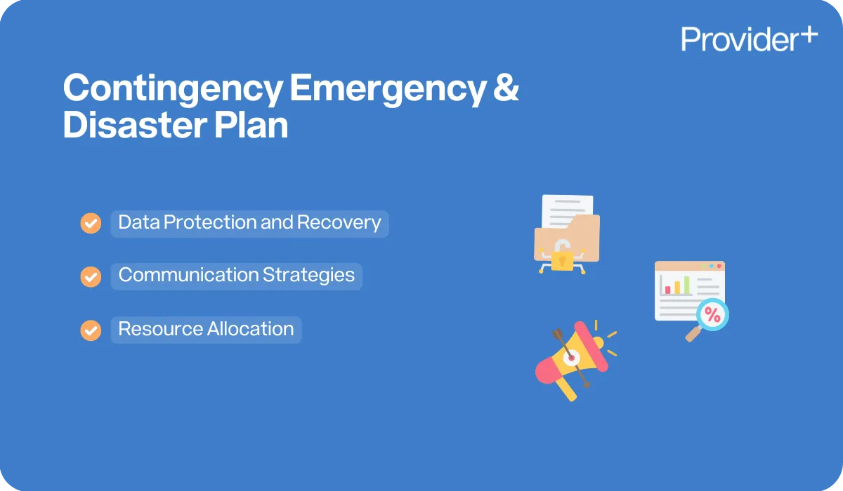 Provider Plus infographic outlining a Contingency Emergency and Disaster Plan. Highlights data protection and recovery, communication strategies, and resource allocation.