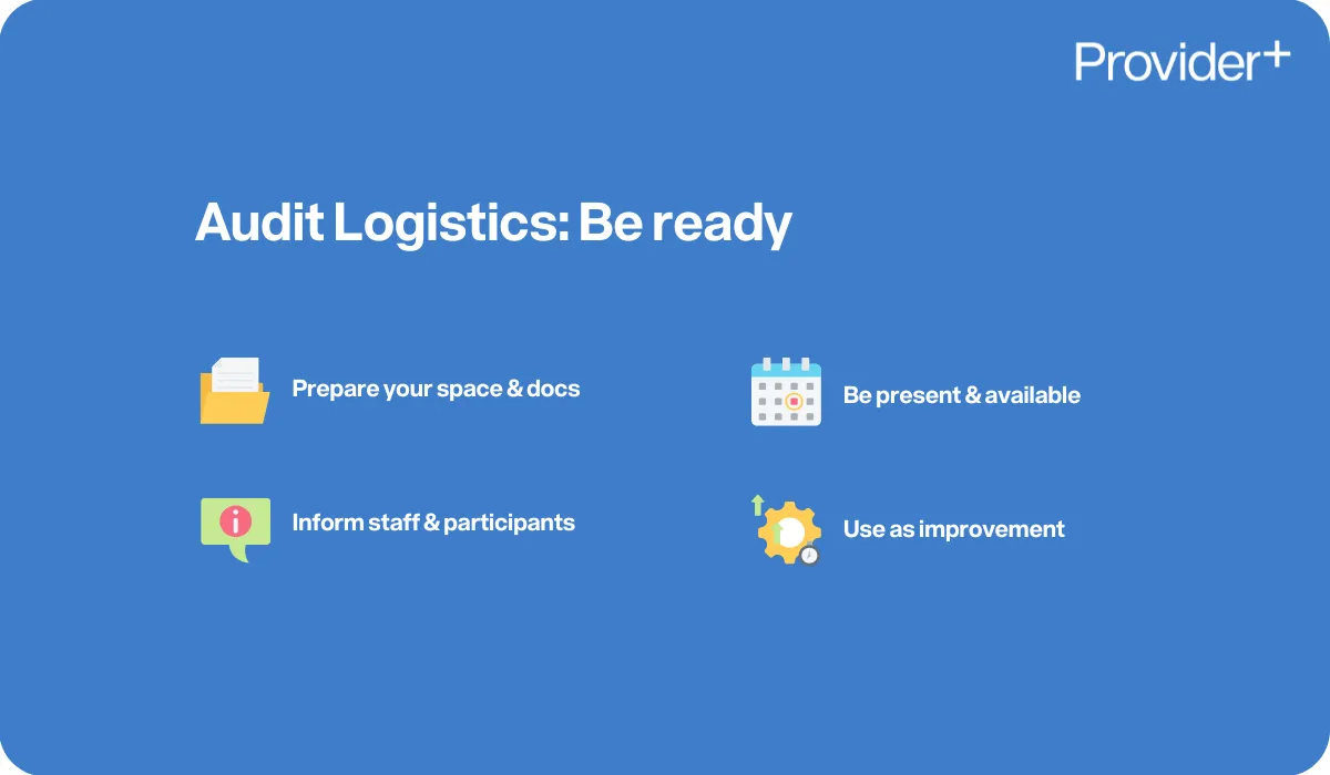 Provider Plus infographic explaining audit logistics. Highlights the importance of preparing your space and documents, informing staff and participants, being present and available, and using the audit as an opportunity for improvement.