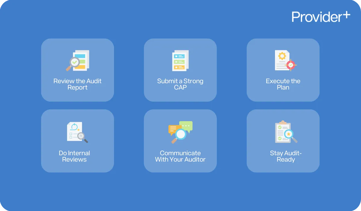 Provider Plus infographic outlining key steps for successful NDIS Close-out audit preparation. Highlights six actions: review the audit report, submit a strong Corrective Action Plan (CAP), execute the plan, do internal reviews, communicate with your auditor, and stay audit-ready.