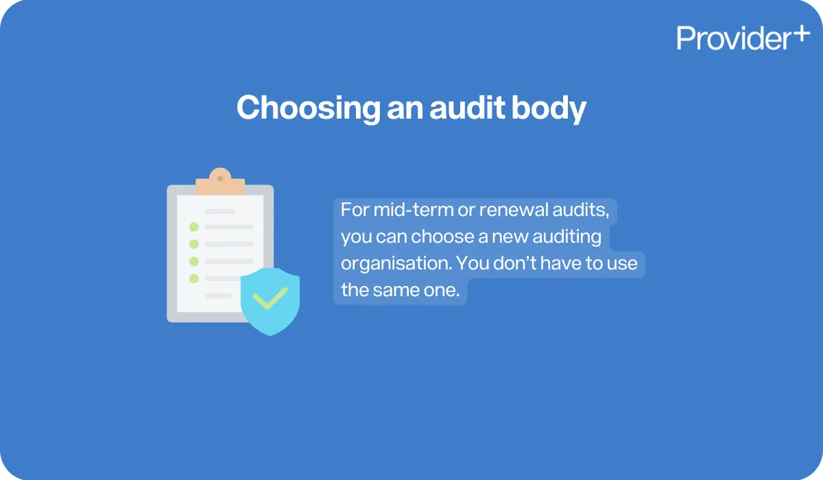 Provider Plus infographic explaining that providers can choose a different audit body for mid-term or renewal audits. Clarifies that organisations are not required to use the same auditor as before, giving flexibility in the audit process.