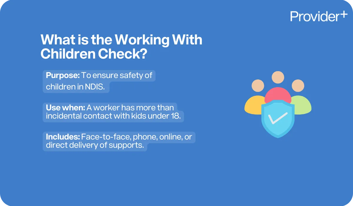 Provider Plus infographic explaining what the Working With Children Check is for NDIS. Purpose is to ensure safety of children in NDIS. Use when a worker has more than incidental contact with kids under 18. Includes face-to-face, phone, online, or direct delivery of supports.