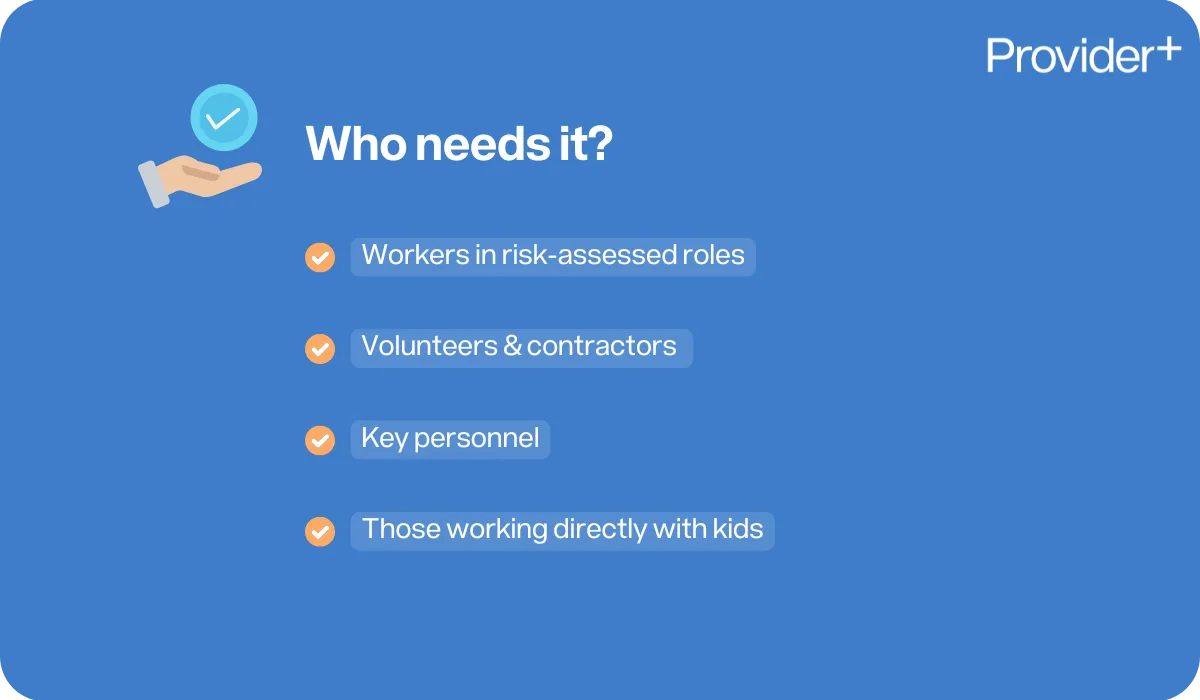 Provider Plus infographic titled Who needs it? explaining who requires a Working With Children Check. Lists workers in risk-assessed roles, volunteers and contractors, key personnel, and those working directly with kids.