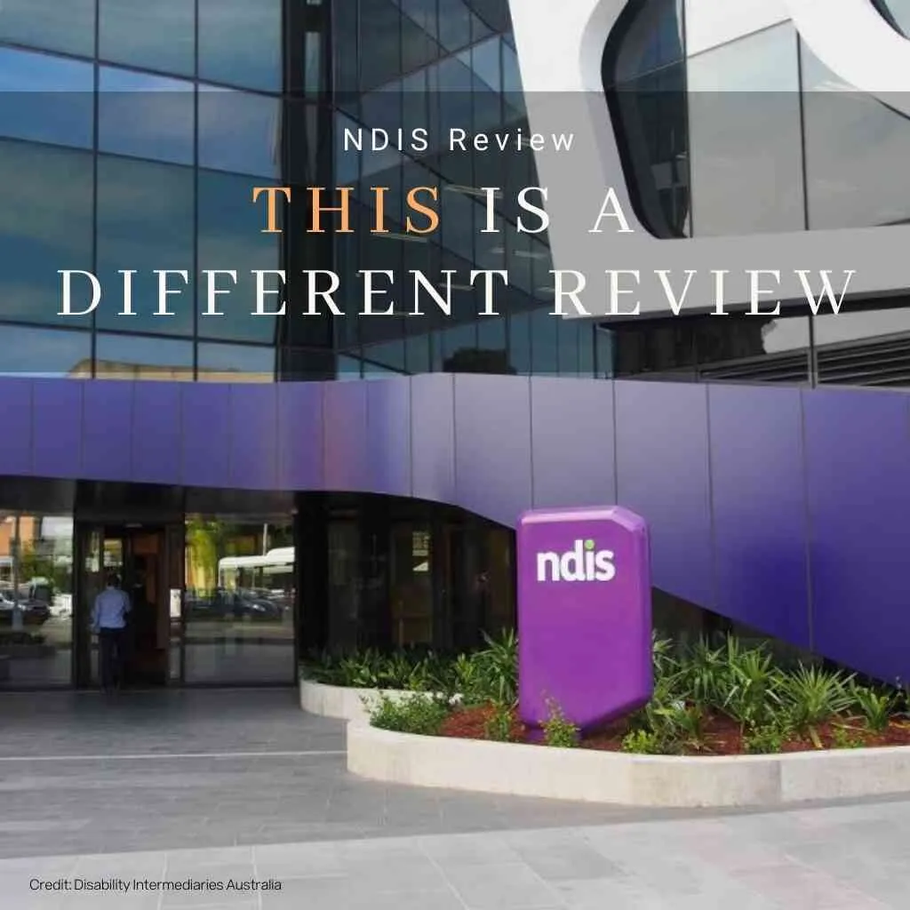 Modern office building entrance with the NDIS signage. Overlay text: This is a Different NDIS Review.