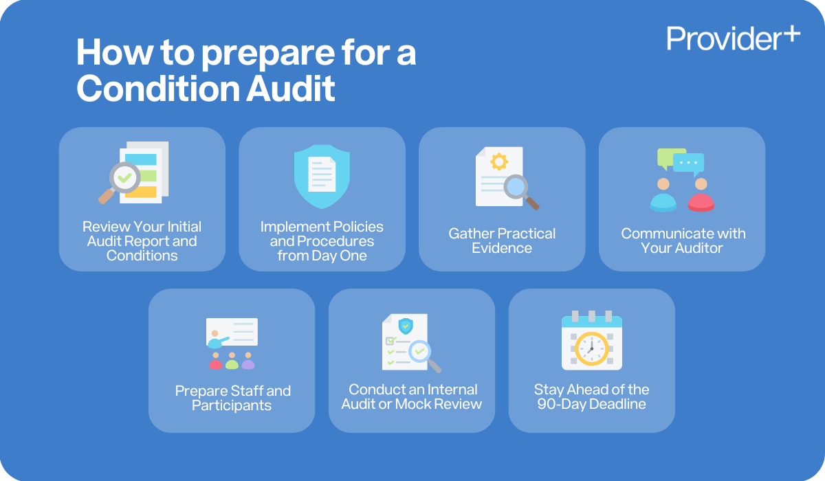 Provider Plus infographic explaining how to prepare for a Condition Audit. Highlights steps such as reviewing your initial audit report and conditions, implementing policies and procedures from day one, gathering practical evidence, communicating with your auditor, preparing staff and participants, conducting an internal audit or mock review, and staying ahead of the 90-day deadline.