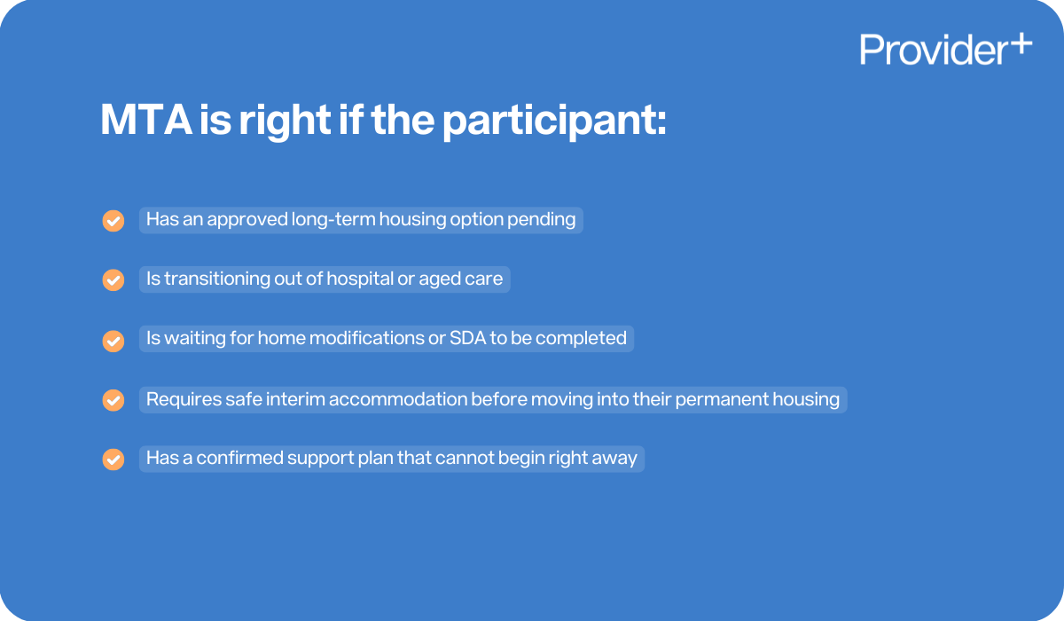 Provider Plus infographic explaining when Medium Term Accommodation (MTA) is right for a participant. Lists that MTA is suitable if the participant has an approved long-term housing option pending, is transitioning out of hospital or aged care, is waiting for home modifications or SDA (Specialist Disability Accommodation) to be completed, requires safe interim accommodation before moving into their permanent housing, or has a confirmed support plan that cannot begin right away.