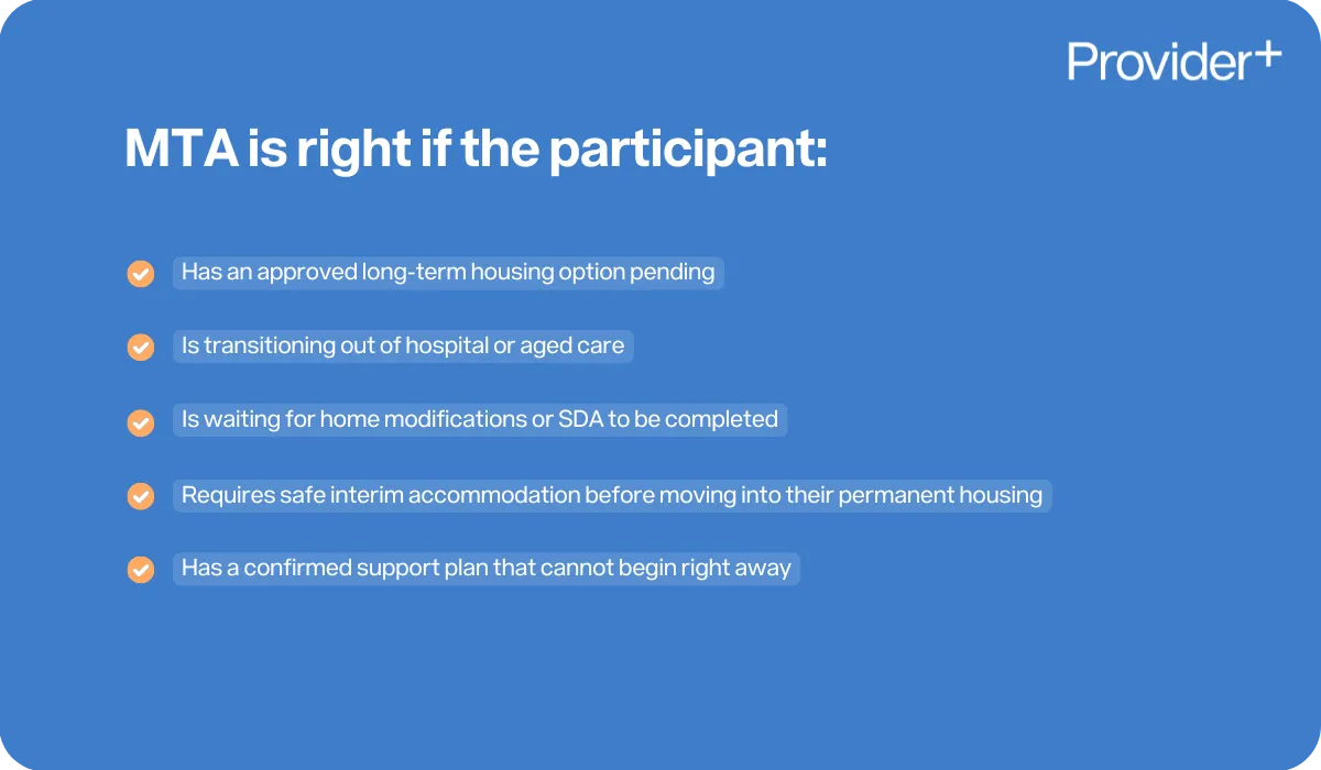 Provider Plus infographic explaining when Medium Term Accommodation (MTA) is right for a participant. Lists that MTA is suitable if the participant has an approved long-term housing option pending, is transitioning out of hospital or aged care, is waiting for home modifications or SDA (Specialist Disability Accommodation) to be completed, requires safe interim accommodation before moving into their permanent housing, or has a confirmed support plan that cannot begin right away.
