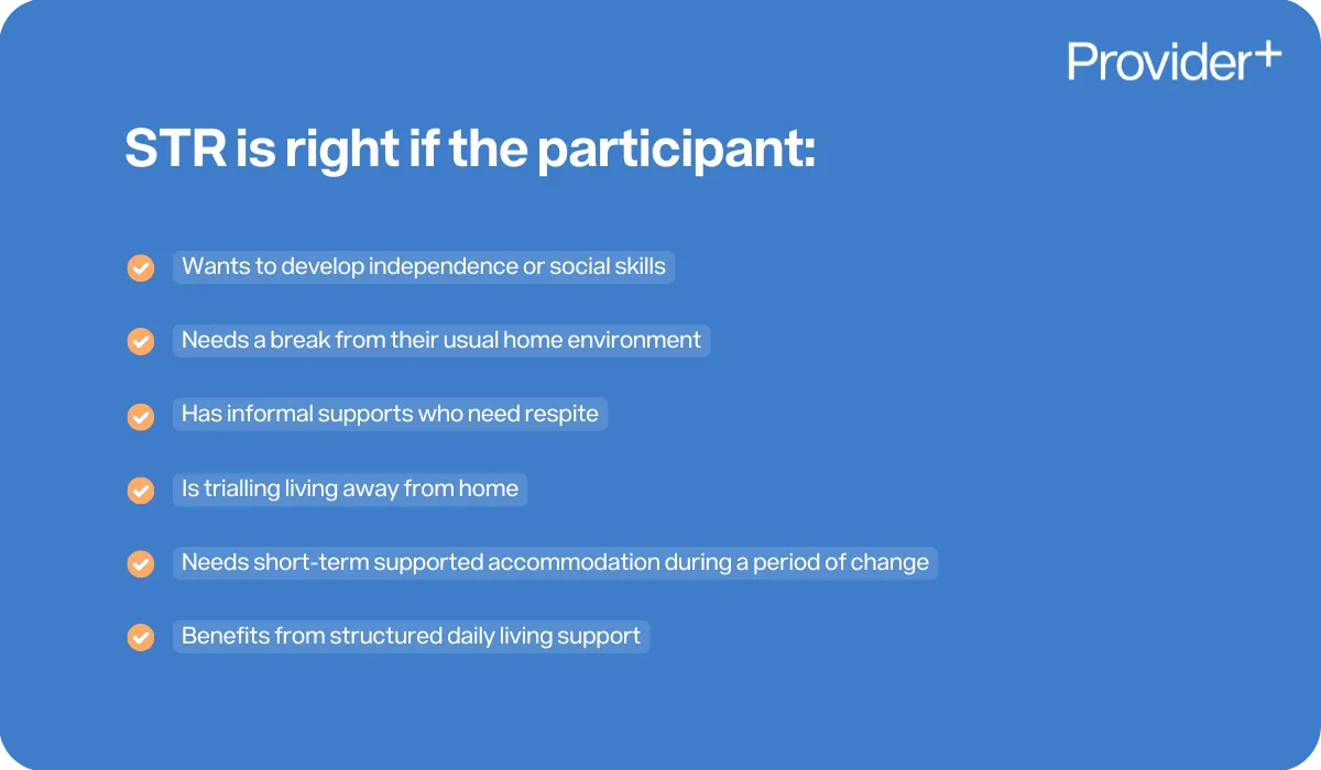 Provider Plus infographic explaining when STR (Short Term Respite) is right for a participant. Lists that STR is suitable if the participant wants to develop independence or social skills, needs a break from their usual home environment, has informal supports who need respite, is trialling living away from home, needs short-term supported accommodation during a period of change, or benefits from structured daily living support.