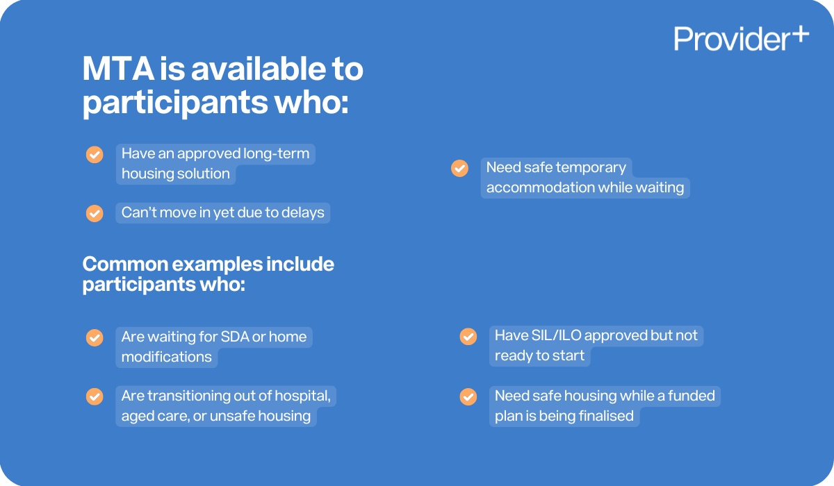 Provider Plus infographic explaining who Medium Term Accommodation (MTA) is available to. Lists participants who have an approved long-term housing solution but face delays and need safe temporary accommodation while waiting. Includes examples like those waiting for Specialist Disability Accommodation (SDA), home modifications, Supported Independent Living (SIL), or Individualised Living Options (ILO), and those transitioning from hospital, aged care, or unsafe housing.