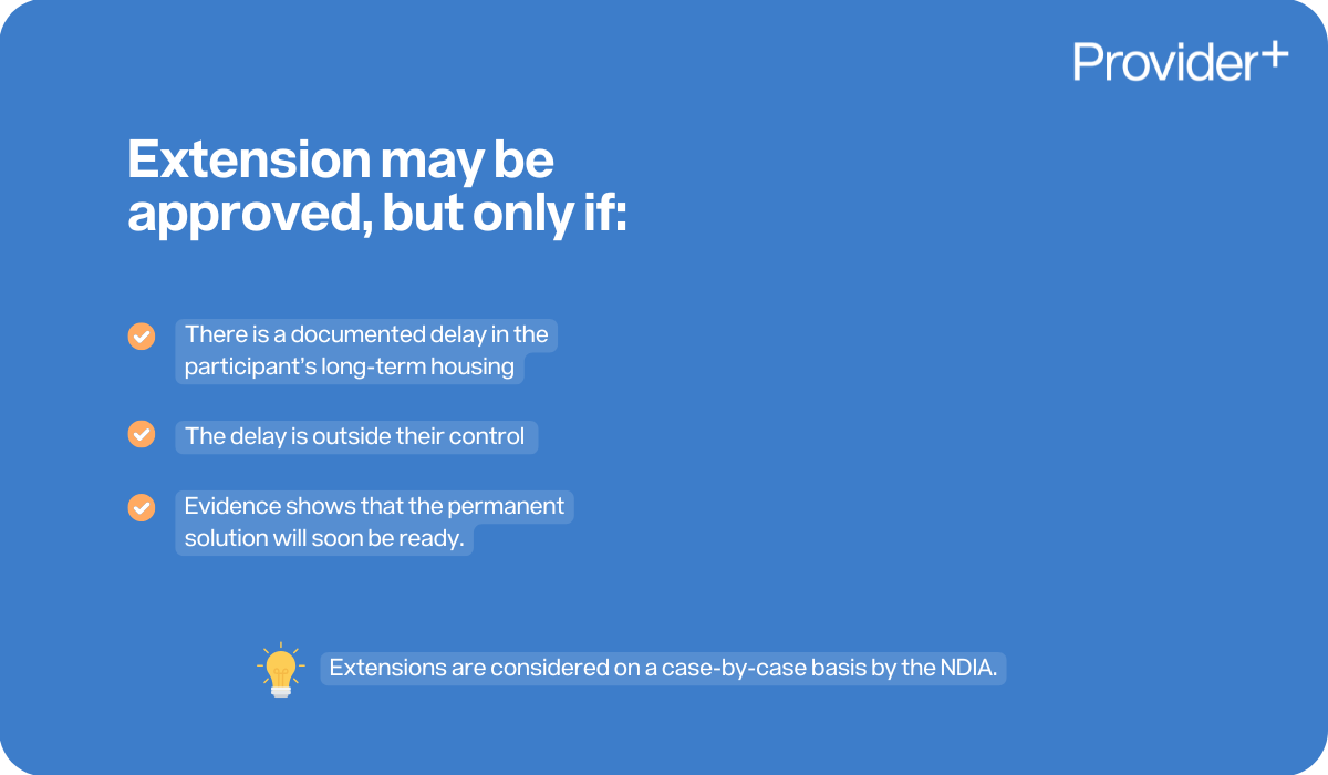 Provider Plus infographic explaining the requirements for an Medium Term Accommodation (MTA) extension to be approved. States that an extension is only approved if there is a documented delay in the long-term housing that is outside the participant's control and evidence shows the permanent solution will be ready soon. Notes that extensions are considered case-by-case by the NDIA.