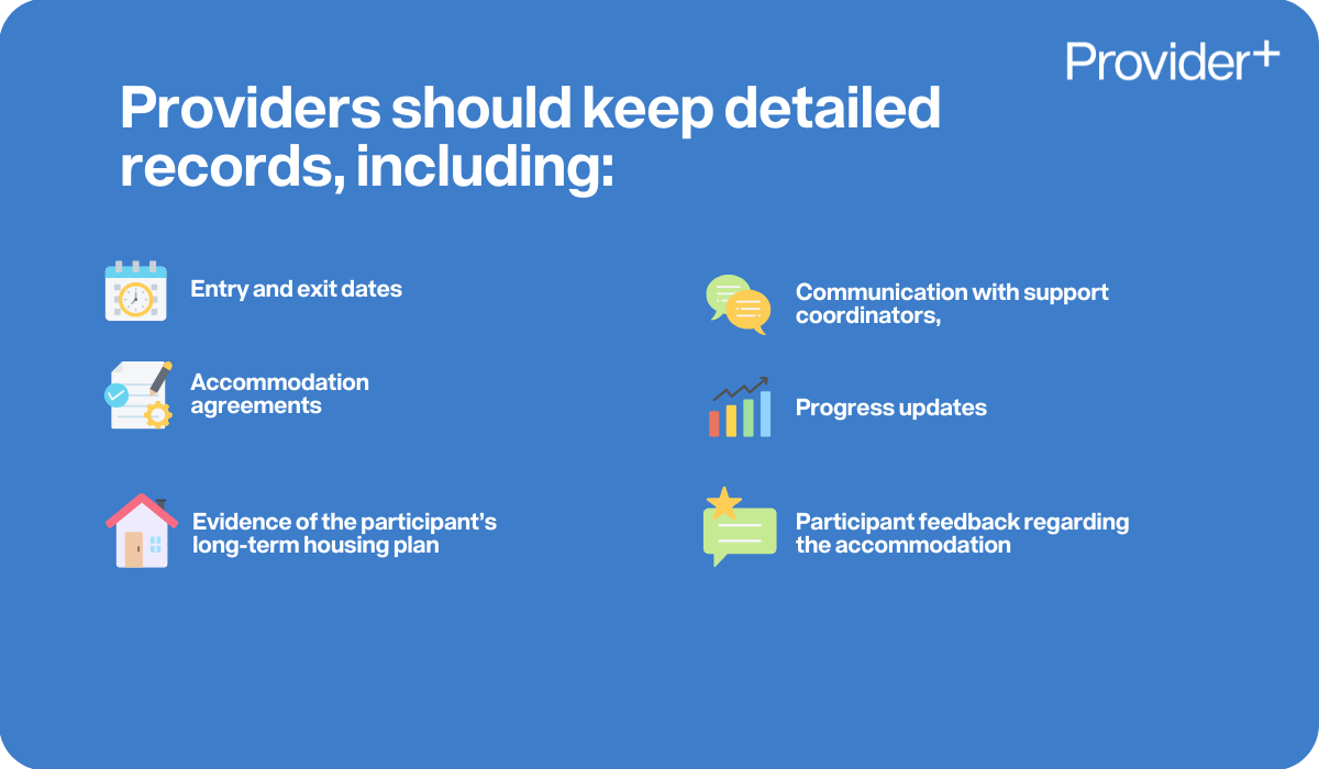 Provider Plus infographic detailing what records providers should keep for Medium Term Accommodation (MTA) participants. Lists entry and exit dates, accommodation agreements, evidence of the participant's long-term housing plan, communication with support coordinators, progress updates, and participant feedback regarding the accommodation.