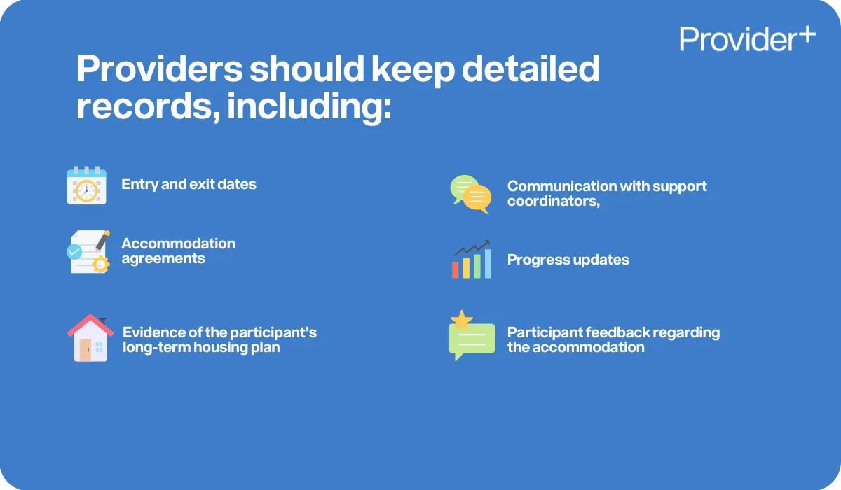 Provider Plus infographic detailing what records providers should keep for Medium Term Accommodation (MTA) participants. Lists entry and exit dates, accommodation agreements, evidence of the participant's long-term housing plan, communication with support coordinators, progress updates, and participant feedback regarding the accommodation.