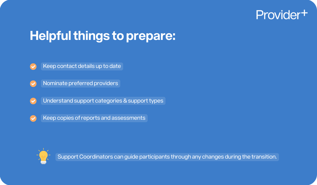 Provider Plus infographic listing helpful things to prepare in using PACE, including keeping contact details up to date, nominating preferred providers, understanding support categories and support types, and keeping copies of reports and assessments. Notes that Support Coordinators can guide participants through any changes during the transition.