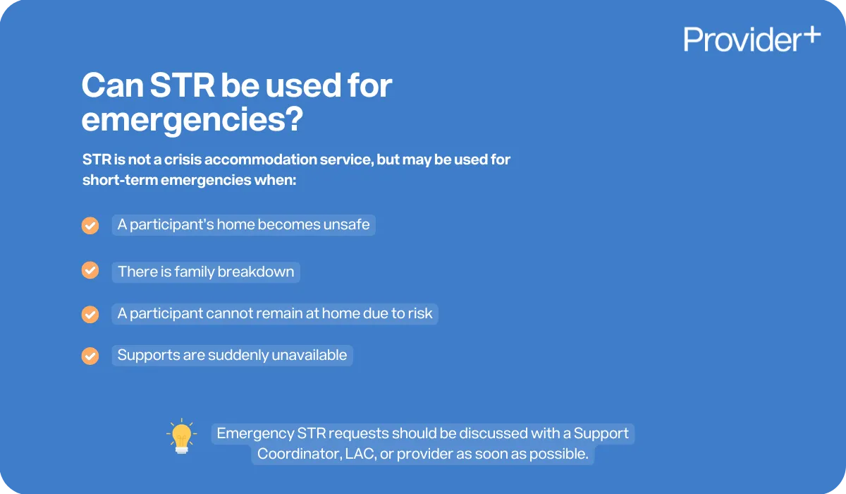 Provider Plus infographic explaining if Short Term Respite (STR) can be used for emergencies. States STR is not crisis accommodation but can be used for short-term emergencies when a home becomes unsafe, there is family breakdown, a participant cannot remain at home due to risk, or supports are suddenly unavailable. Advises discussing requests with a Support Coordinator, Local Area Coordinator (LAC), or provider.