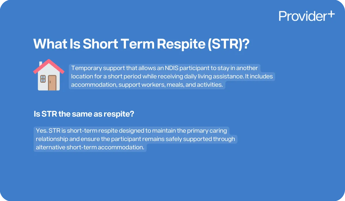 Provider Plus infographic explaining Short Term Respite (STR). Outlines temporary NDIS support for short-term accommodation, daily living assistance and the link between STR and respite.