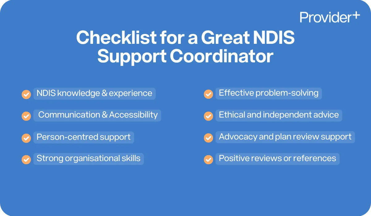 Provider Plus infographic showing a checklist for a great NDIS support coordinator. Highlights NDIS knowledge, communication, person-centred support, organisational skills, effective problem-solving, advocacy and plan review support, and positive reviews or references.