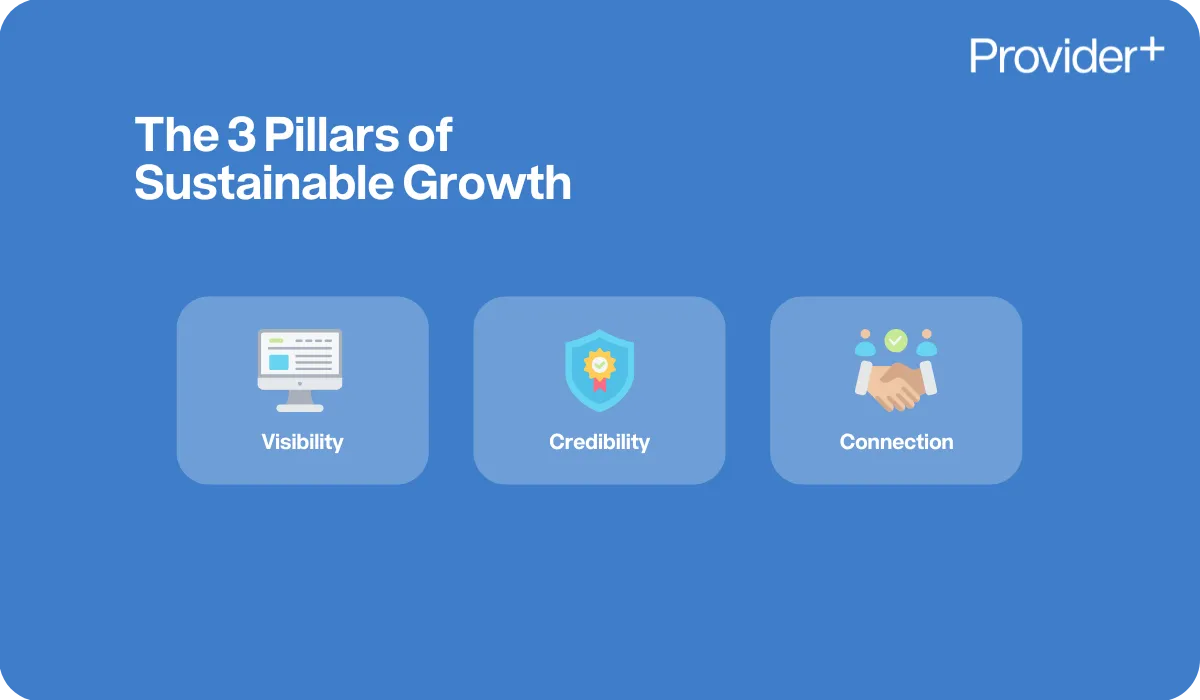 Provider Plus infographic outlining the 3 Pillars of Sustainable Growth for NDIS providers. It lists Visibility, Credibility, and Connection as the essential components for long-term success.