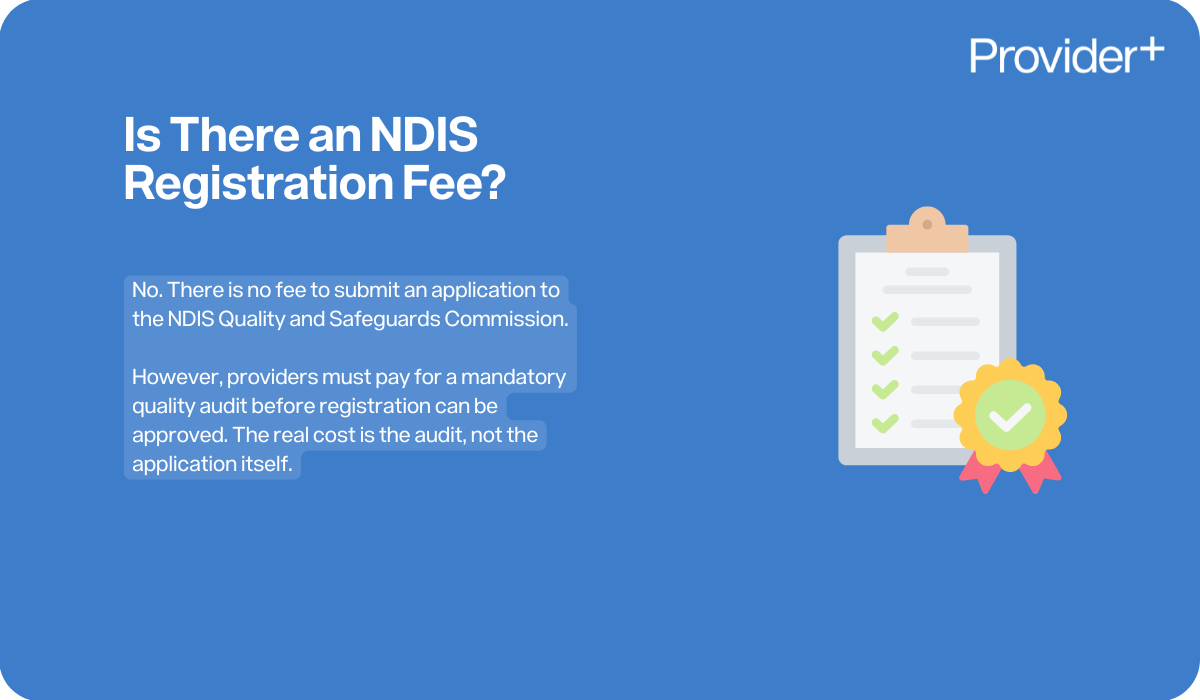 Provider Plus infographic stating there is no NDIS registration fee. It explains that while there is no fee to submit an application to the NDIS Quality and Safeguards Commission, providers must pay for a mandatory quality audit, which is the primary cost of registration.