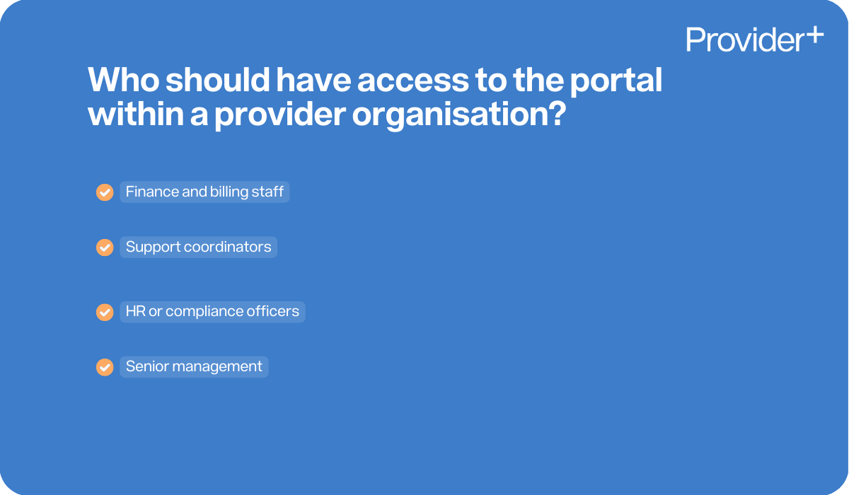 Provider Plus infographic outlining who should have access to the NDIS MyPlace Provider Portal. It lists finance and billing staff, support coordinators, HR or compliance officers, and senior management.