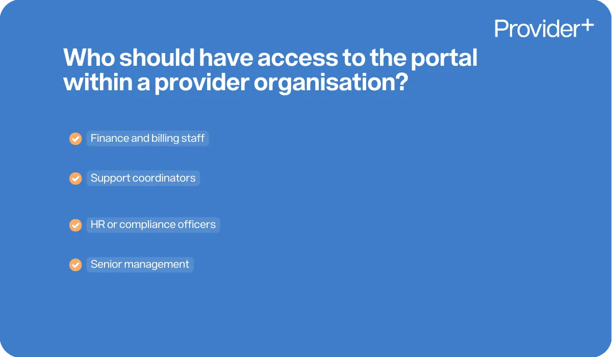 Provider Plus infographic outlining who should have access to the NDIS MyPlace Provider Portal. It lists finance and billing staff, support coordinators, HR or compliance officers, and senior management.