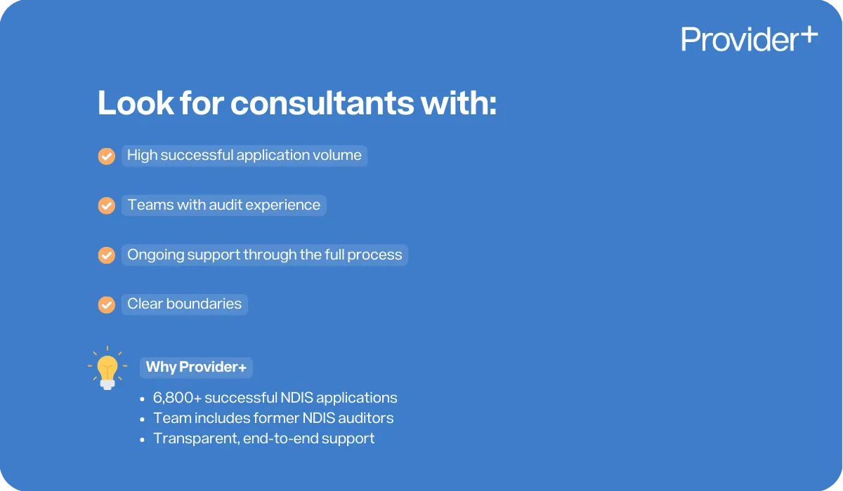 Provider Plus infographic outlining the qualities to look for in NDIS consultants. It lists high successful application volume, teams with audit experience, ongoing support through the full process, and clear boundaries; it also highlights that Provider+ has over 6,800 successful NDIS applications, a team including former NDIS auditors, and offers transparent, end-to-end support.