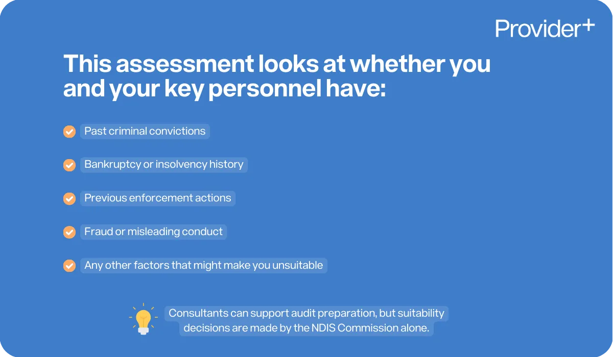 Provider Plus infographic outlining the suitability assessment for NDIS providers and key personnel. It lists factors considered, including past criminal convictions, bankruptcy or insolvency history, previous enforcement actions, fraud or misleading conduct, and any other factors that might make a person unsuitable; it also notes that while consultants can assist with audit preparation, suitability decisions are made solely by the NDIS Commission.