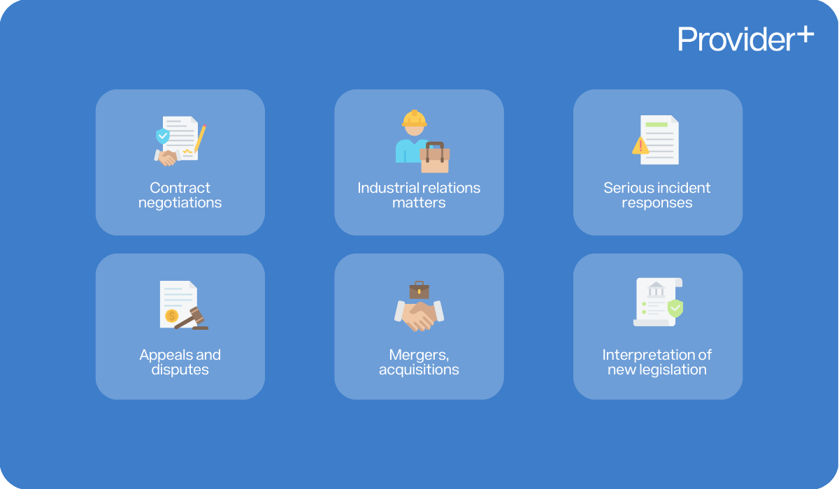 Provider Plus infographic outlining the specific areas where legal expertise is most valuable for NDIS providers. It lists contract negotiations, industrial relations matters, serious incident responses, appeals and disputes, mergers and acquisitions, and the interpretation of new legislation.