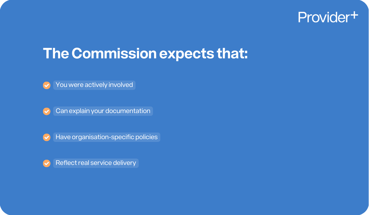 Provider Plus infographic outlining the NDIS Quality and Safeguards Commission's expectations for providers. It lists that providers must be actively involved, can explain their documentation, have organisation-specific policies, and reflect real service delivery.