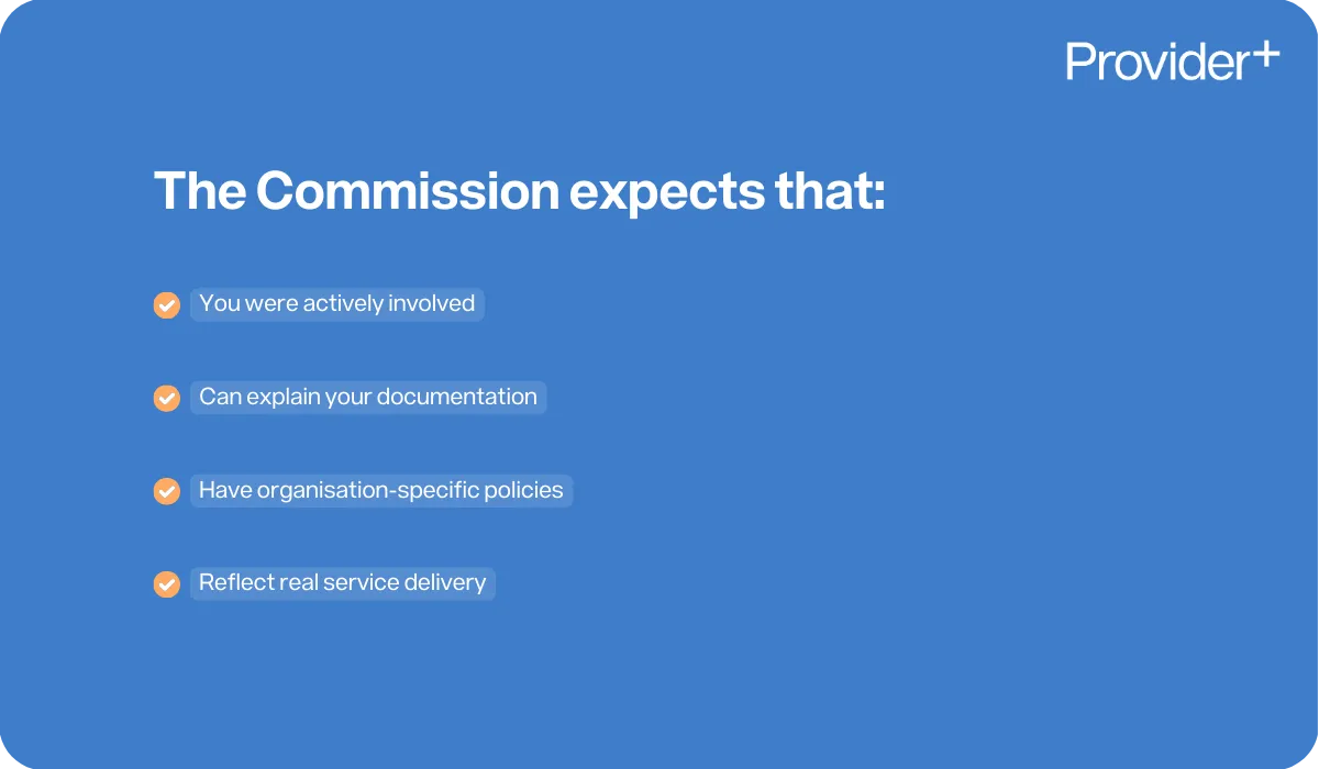 Provider Plus infographic outlining the NDIS Quality and Safeguards Commission's expectations for providers. It lists that providers must be actively involved, can explain their documentation, have organisation-specific policies, and reflect real service delivery.