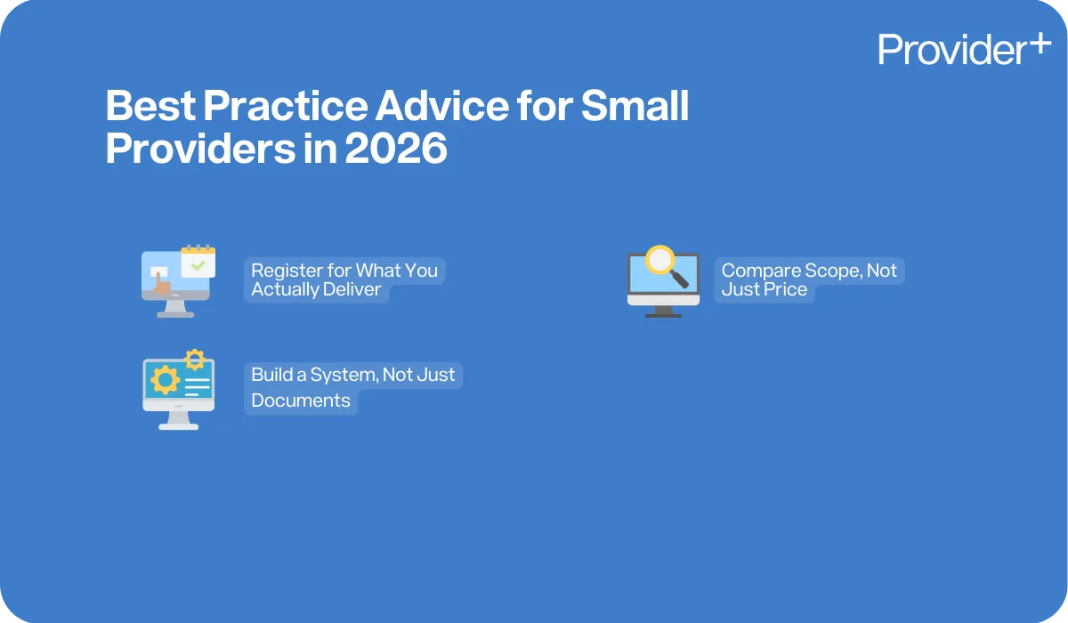 Provider Plus infographic outlining best practice advice for small NDIS providers in 2026. It recommends registering only for what you actually deliver, comparing the scope of services rather than just price, and building an operational system instead of just documents.