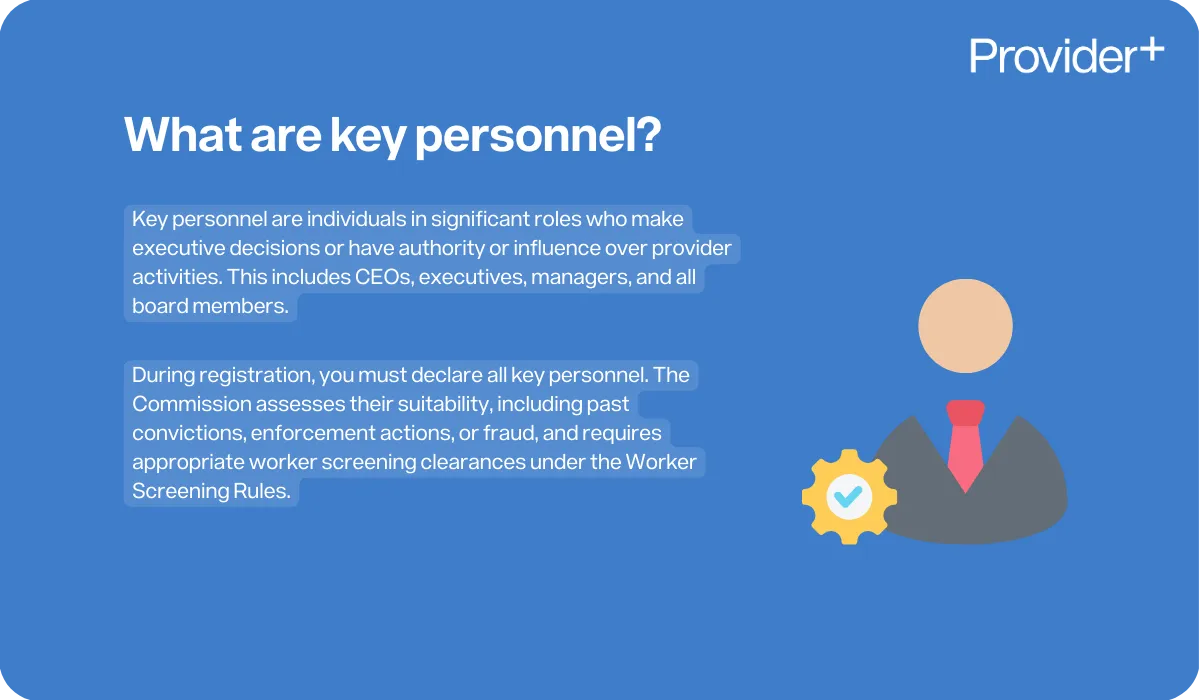 Provider Plus infographic defining key personnel in the NDIS. It explains that they are individuals in significant roles who make executive decisions, including CEOs, managers, and board members, and notes that the Commission assesses their suitability through past records and worker screening clearances.