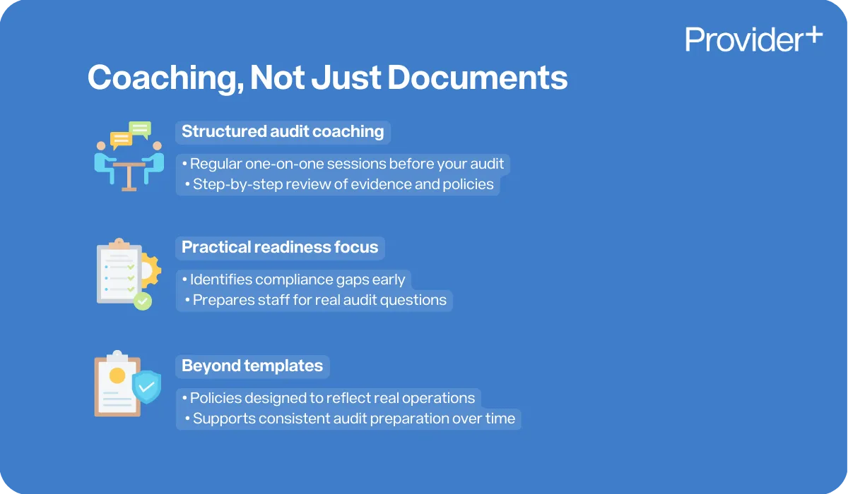 Provider Plus infographic outlining their "Coaching, Not Just Documents" approach to NDIS audit preparation. It highlights structured audit coaching through one-on-one sessions and policy reviews, a practical readiness focus that identifies compliance gaps and prepares staff for audit questions, and a commitment to providing policies designed to reflect real operations beyond standard templates.