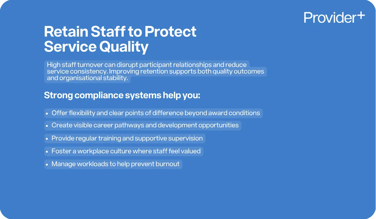 Provider Plus infographic explaining how to retain staff to protect service quality. It lists key strategies including offering flexibility, creating visible career pathways, providing regular training and supervision, fostering a positive workplace culture, and managing workloads to prevent burnout.