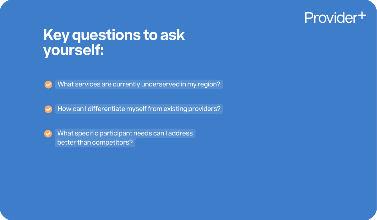Provider Plus infographic outlining key questions for NDIS providers to ask themselves when identifying their niche. It lists prompts regarding underserved services in their region, methods for differentiation from existing providers, and specific participant needs they can address better than competitors.