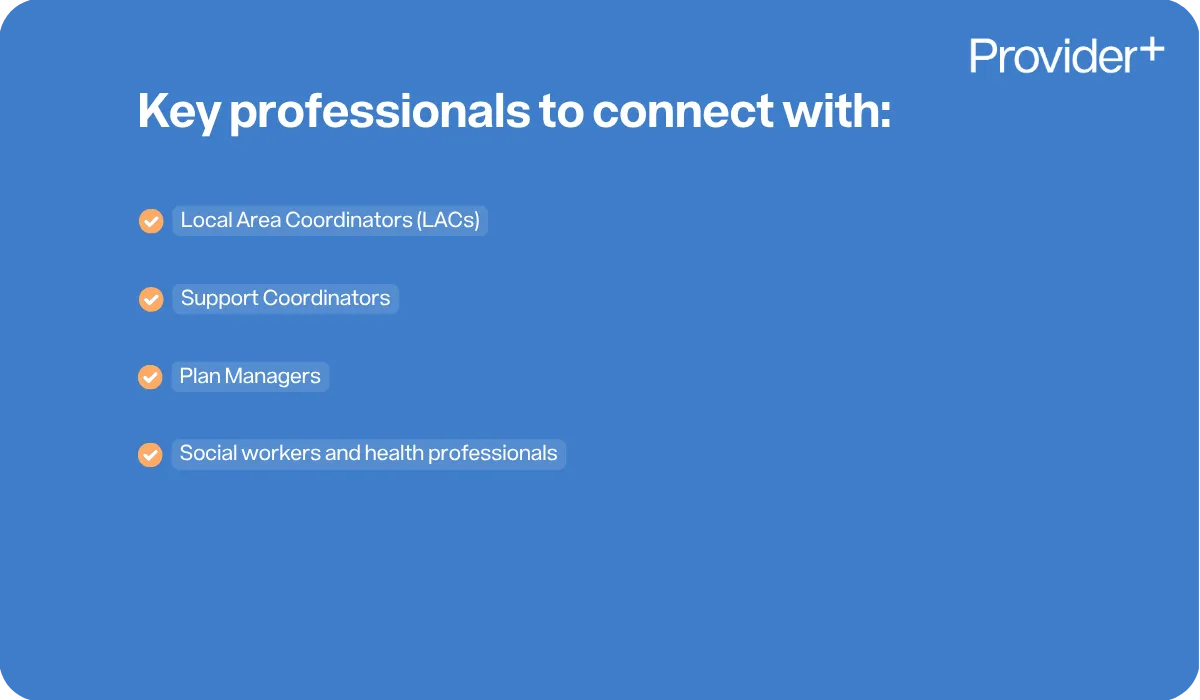 Provider Plus infographic listing key professionals for NDIS providers to connect with. It includes Local Area Coordinators (LACs), Support Coordinators, Plan Managers, and social workers and health professionals.
