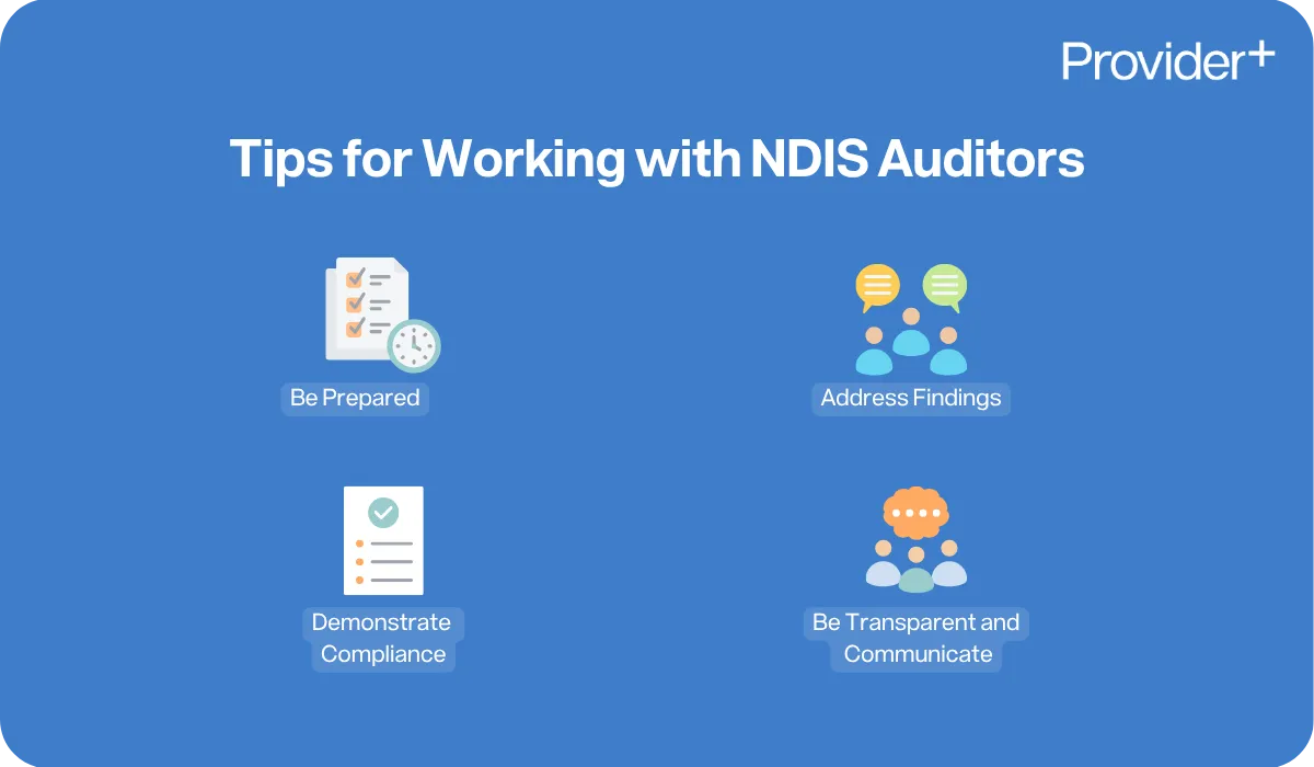 Provider Plus infographic outlining tips for working with NDIS auditors. It highlights the importance of being prepared, addressing findings, demonstrating compliance, and being transparent and communicative.