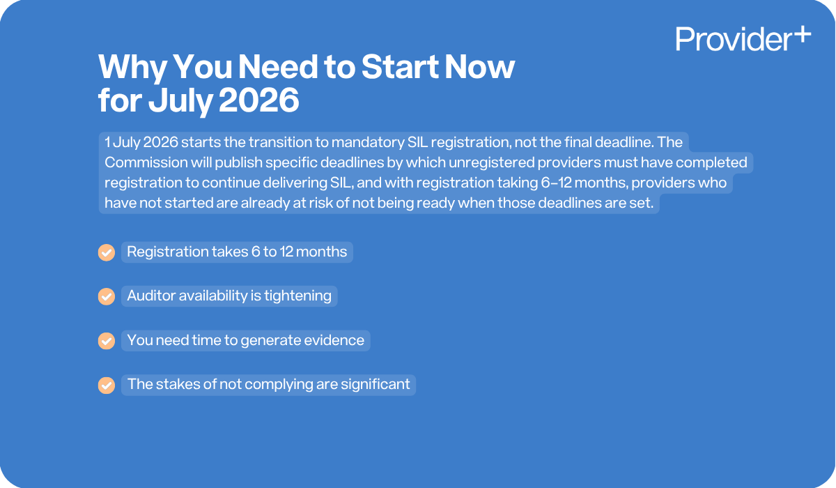 Provider Plus infographic explaining why NDIS providers need to start the transition to mandatory SIL registration now for the July 2026 deadline. It notes that registration takes 6 to 12 months and highlights key factors such as tightening auditor availability, the time required to generate evidence, and the significant stakes of non-compliance.