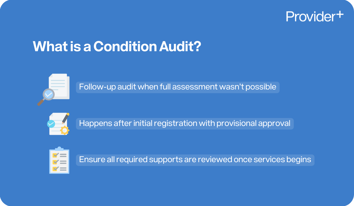Provider Plus infographic explaining what a Condition Audit is. Defines it as a follow-up audit when full assessment wasn’t possible, occurs after initial registration with provisional approval, and ensures all required supports are reviewed once services begin.