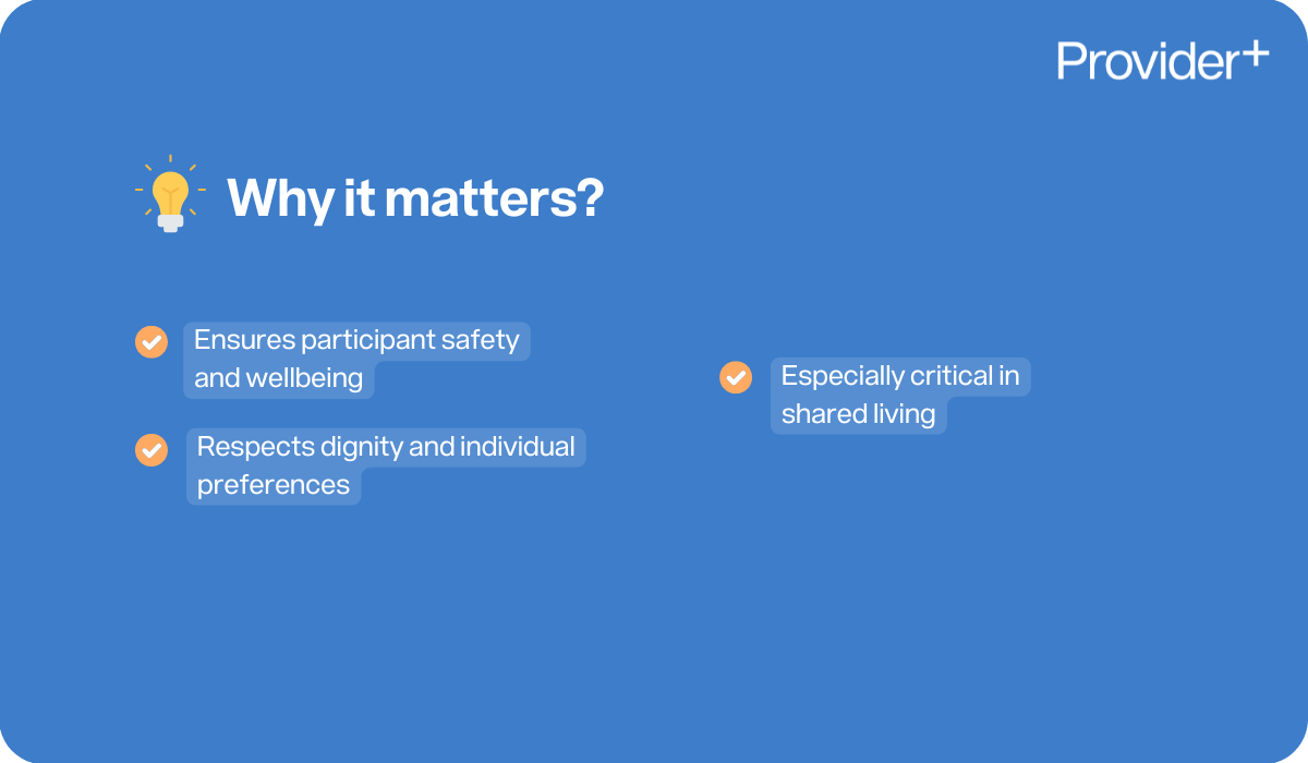 Provider Plus infographic explaining why NDIS Supported Independent Living (SIL) Practice Standards matters. Highlights participant safety and wellbeing, respect for dignity and individual preferences, and notes it is especially critical in shared living.