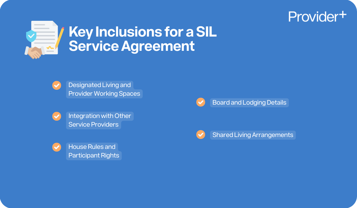 Provider Plus infographic explaining key inclusions for a SIL Service Agreement. Lists designated living and provider working spaces, integration with other service providers, house rules and participant rights, board and lodging details, and shared living arrangements.
