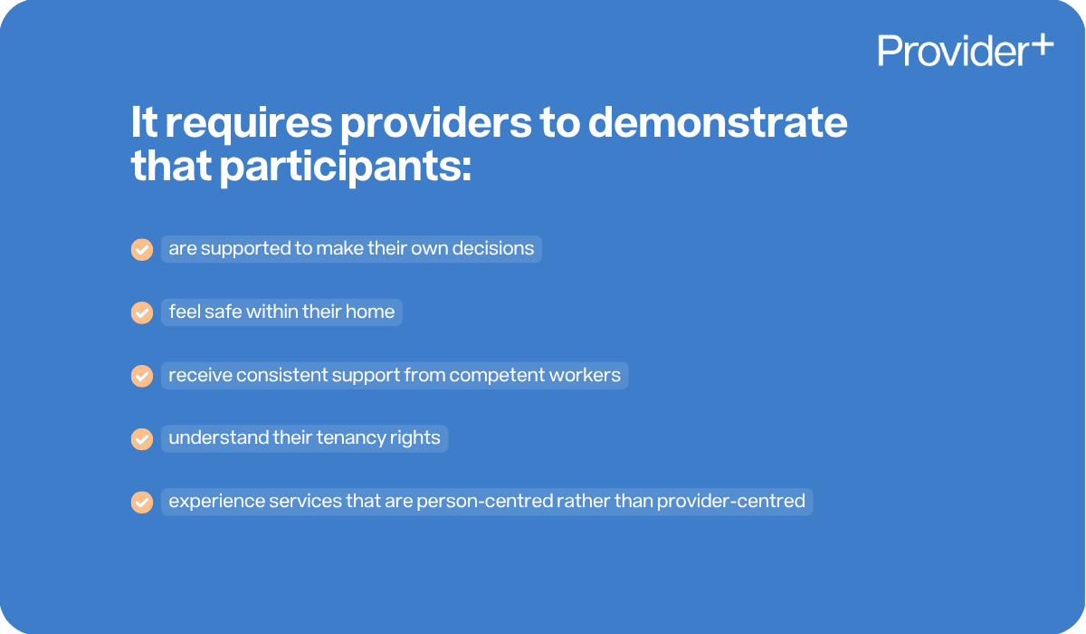 Provider Plus infographic explaining that Module 5A requires providers to demonstrate that participants are supported to make their own decisions, feel safe within their home, receive consistent support from competent workers, understand their tenancy rights, and experience person-centred services.