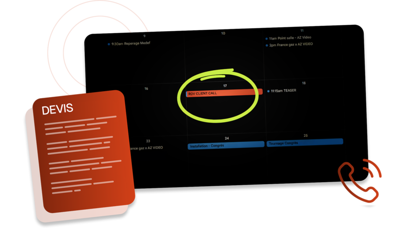 Illustration de la phase de préparation chez AZ Vidéo, avec un exemple de planning de production, un devis et un appel client symbolisant la première étape du projet audiovisuel