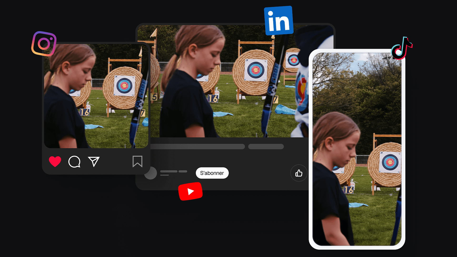 Composition visuelle représentant la diffusion d'un contenu sur plusieurs réseaux sociaux. Au centre, une photo montre une jeune personne, vue de profil, les cheveux attachés, se tenant devant plusieurs cibles de tir à l'arc. Cette image est affichée dans trois formats distincts : le format carré d'Instagram (avec son logo en haut à gauche), le format vidéo horizontal de YouTube/LinkedIn (avec leurs logos) et le format vertical de TikTok (avec son logo en haut à droite).