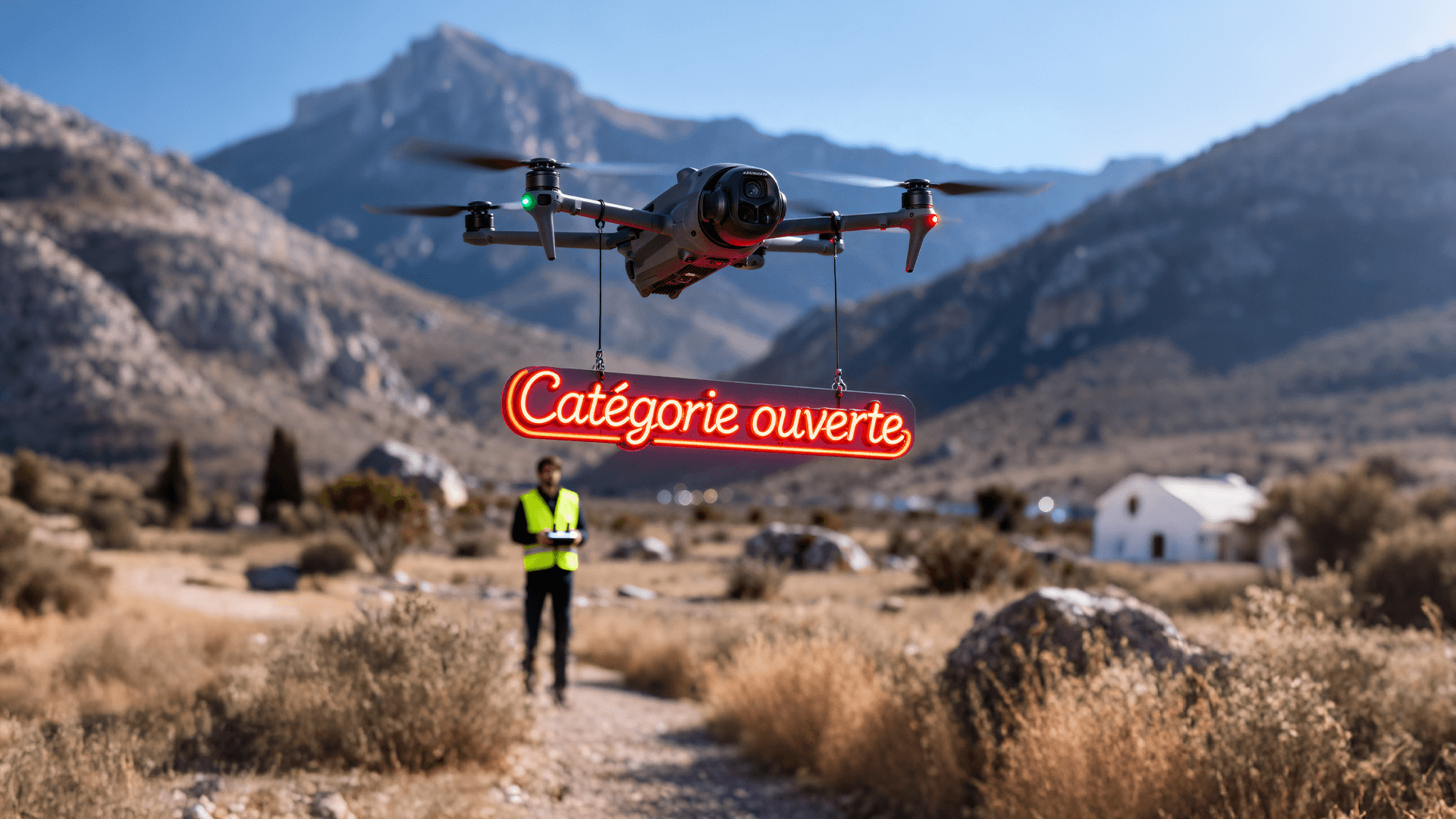 Image illustrant un drone gris en vol au-dessus d'un chemin de terre dans un paysage montagneux et sec. Le drone transporte, suspendue sous son corps, une enseigne au néon rouge vif affichant le texte "Catégorie ouverte". À l'arrière-plan, un opérateur portant un gilet de haute visibilité jaune contrôle le drone avec une télécommande. Une petite maison blanche est visible à droite.