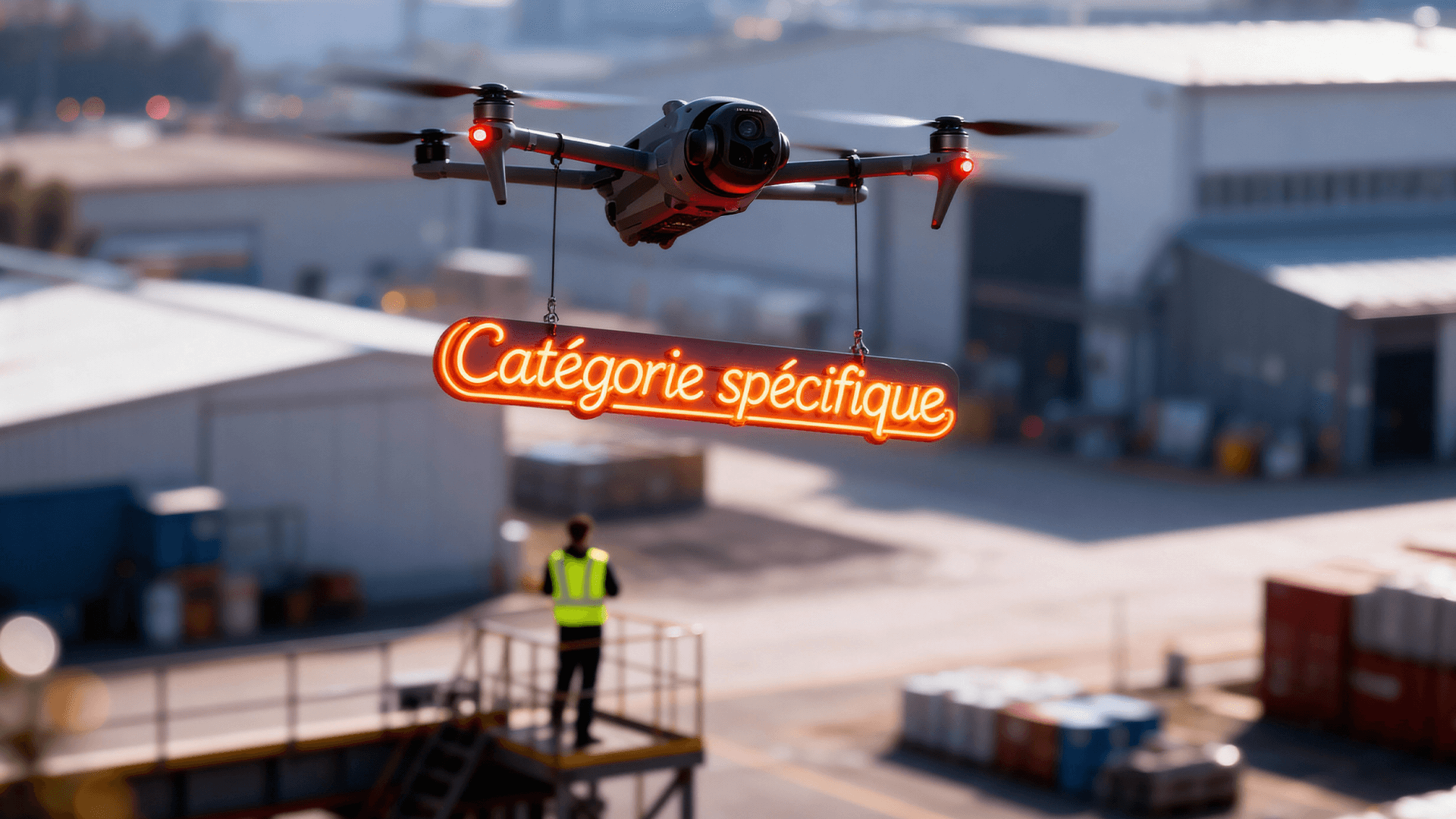 Image illustrant un drone gris en vol au-dessus d'une zone industrielle (hangars, conteneurs). Le drone transporte, suspendue sous son corps, une enseigne au néon lumineuse de couleur orange vif affichant le texte "Catégorie spécifique". Au sol, un opérateur portant un gilet de haute visibilité jaune se tient debout sur une plateforme.